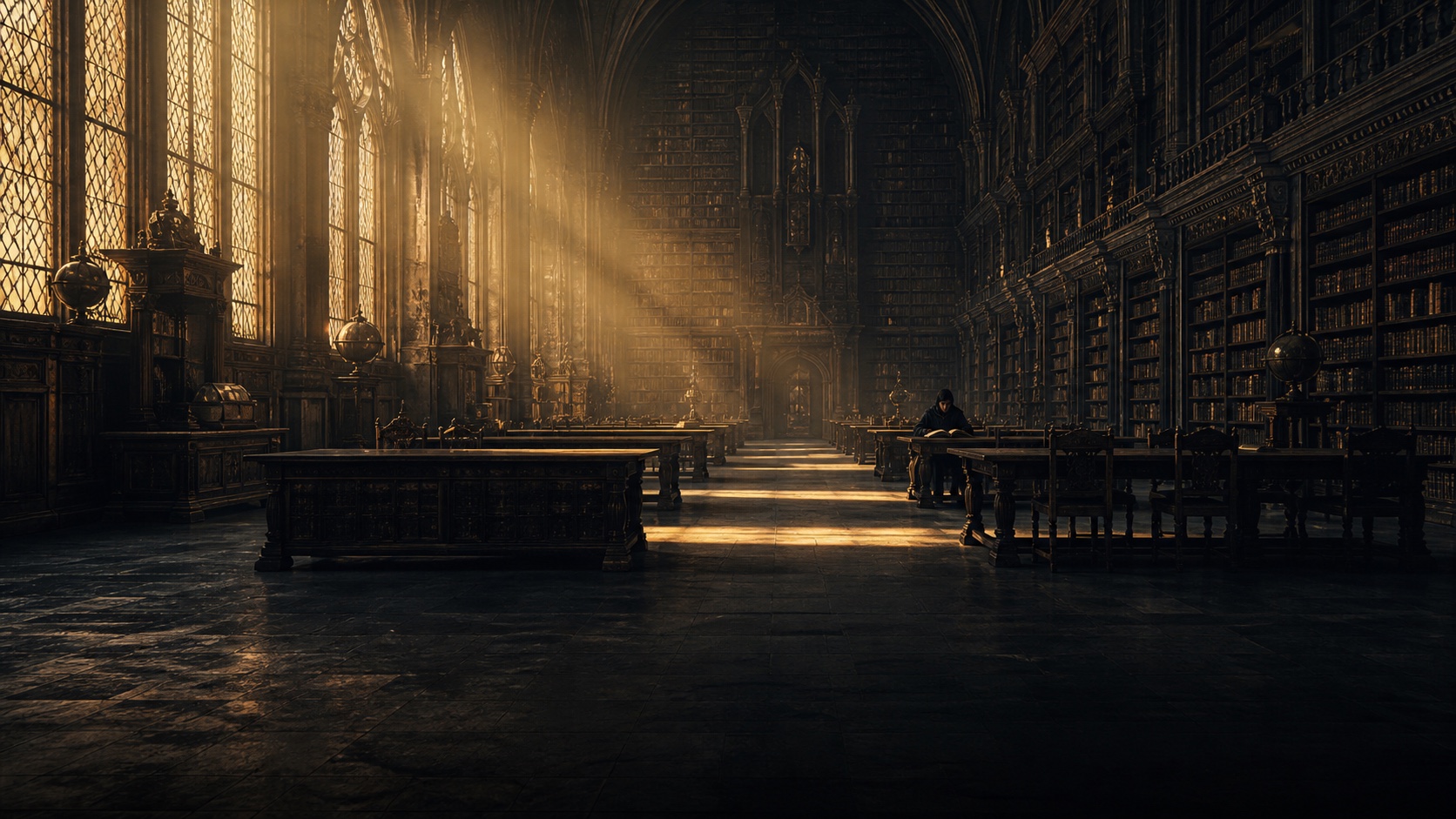 Noon light turns the silent Velmora library into a cathedral