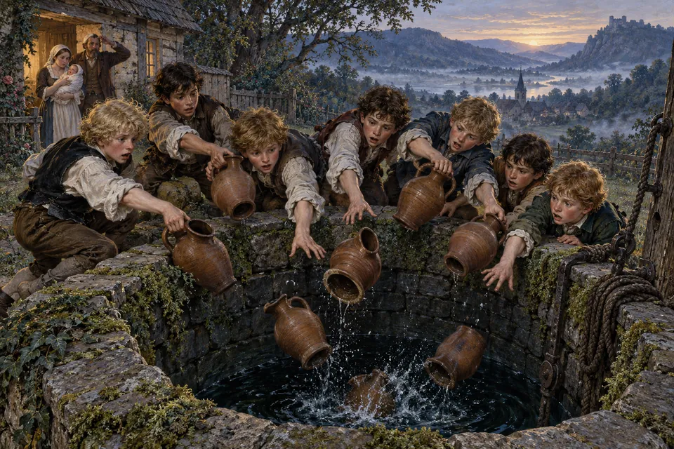 The seven brothers drop their clay pitchers into the well while their worried parents wait by the cottage.