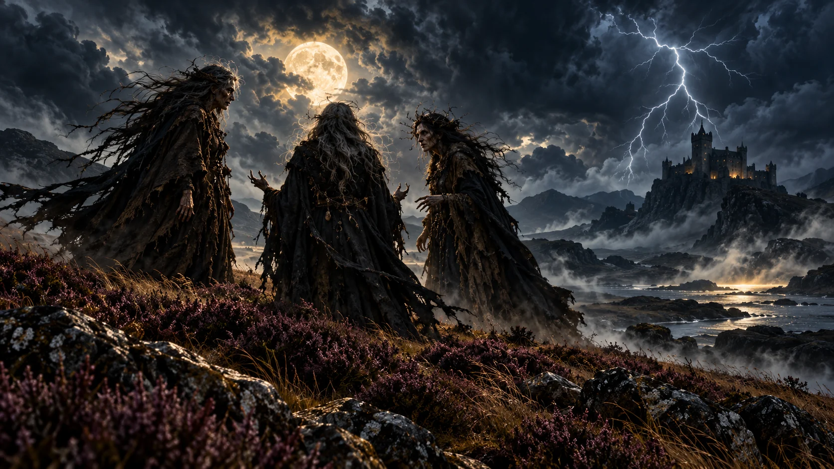 Act I, section 1: SCENE I. An open Place. Thunder and Lightning. Enter three Witches. FIRST WITCH. When shall we three meet again?