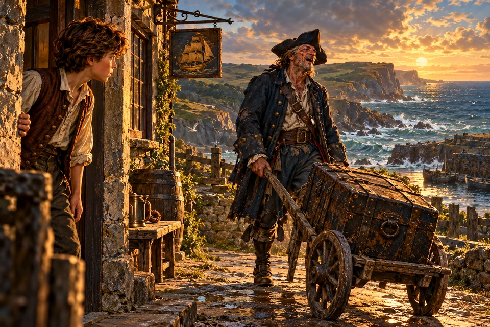 Outside the Admiral Benbow inn above a rugged English cove, young Jim Hawkins watches a tall scarred old seaman in a soiled blue coat arrive with a sea-chest on a hand-barrow while singing his pirate song; late eighteenth-century setting, the inn sign, cliffs and surf visible.