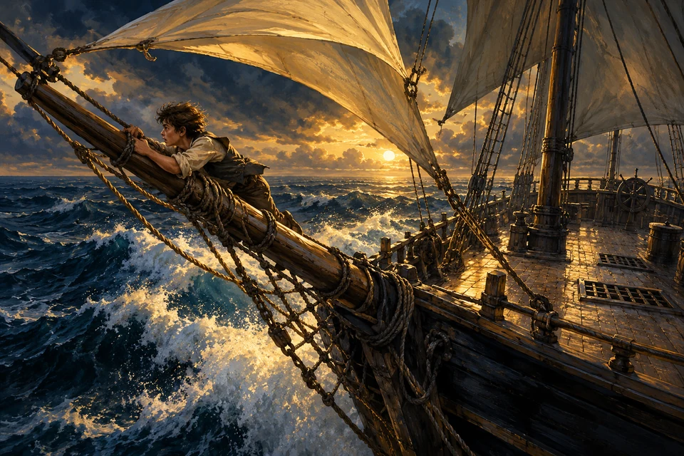 Jim climbs the bowsprit as the flying jib fills, then finds the deck deserted.